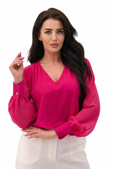 Elegancka bluzka damska z szyfonowym długim rękawem dekolt V mankiety z guzikiem - fuksja